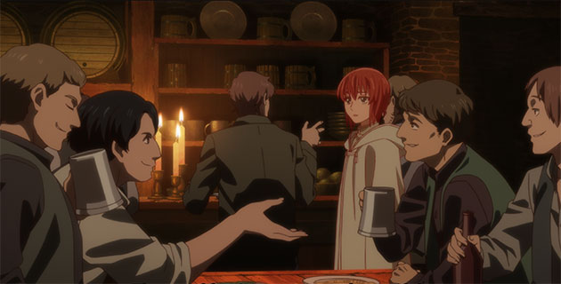 Chise in a tavern where people converse.